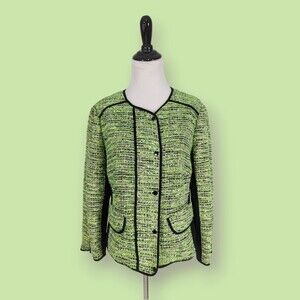 Carlisle Blazer Jacket 10 Boucle Tweed Green‎ Black Trim
